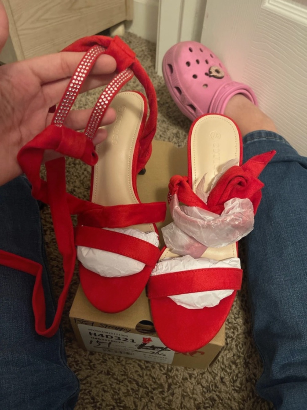 Red suede tie up heels